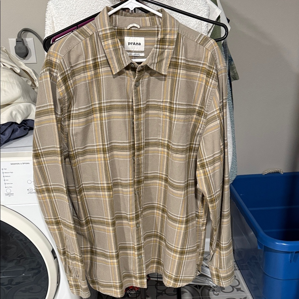 Prana Men's Casual Plaid Flannel Shirt - Tan and Yellow